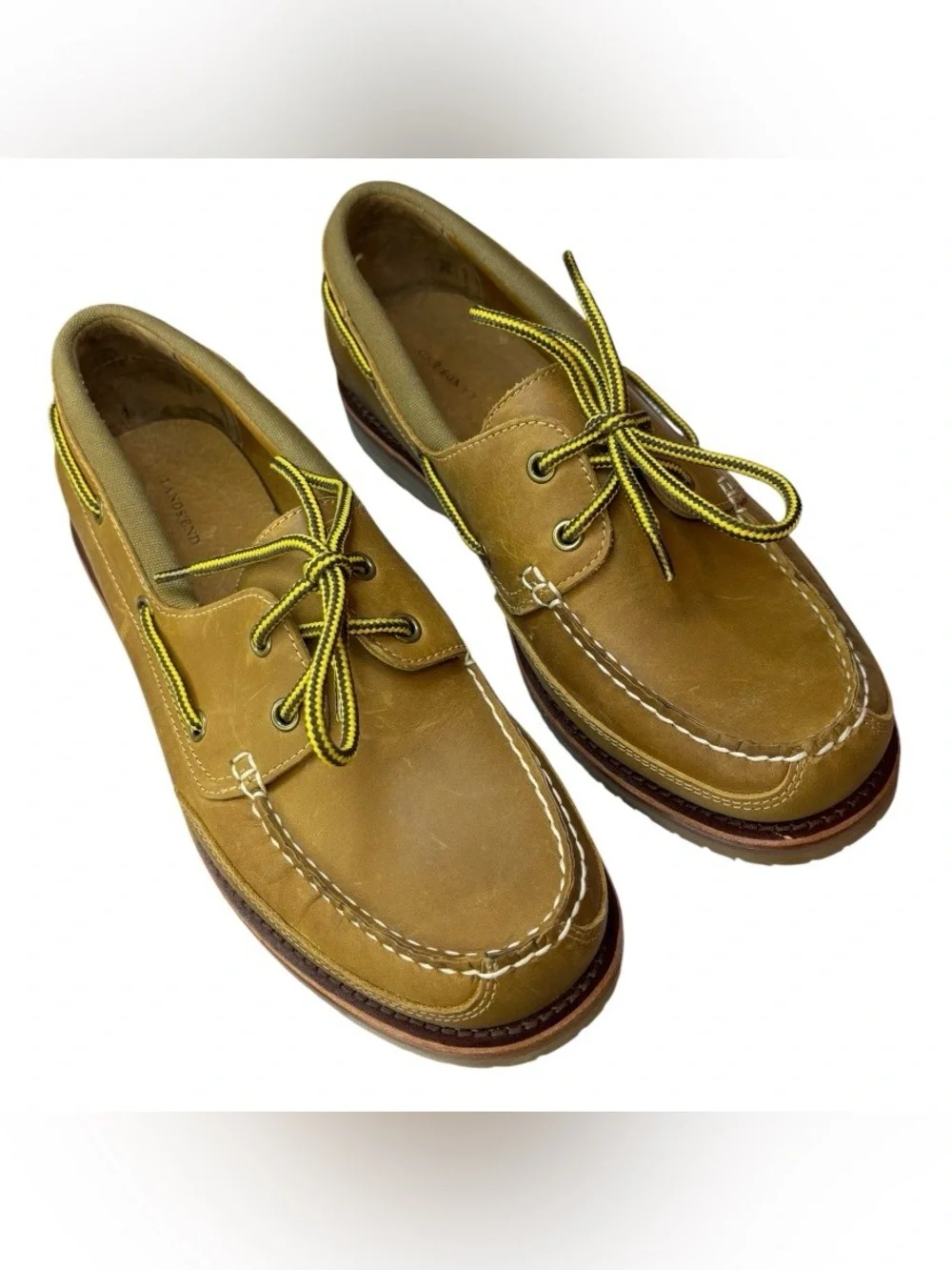 LANDSEND NWOT Mens Leather Boat Shoes Moccasins Grippy Sole Rugged Construction